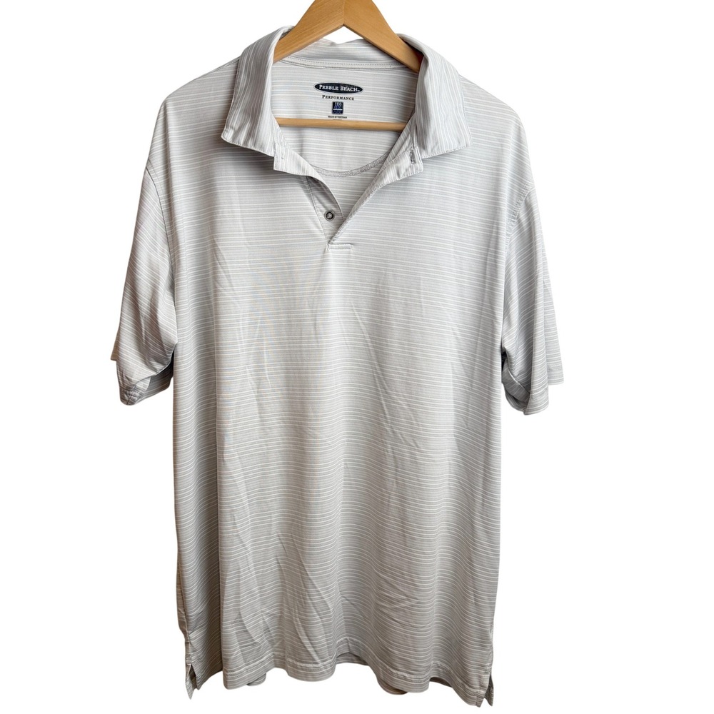 Pebble Beach Mens Golf Polo XXL Performance‎ Grey White Striped Golf Shirt